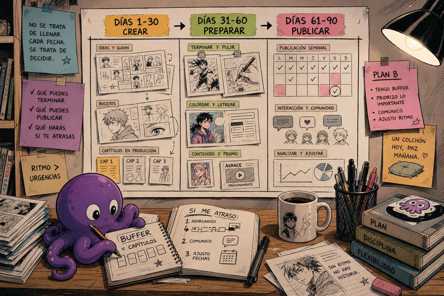 Calendario editorial de 90 días para manga, cómic o webtoon